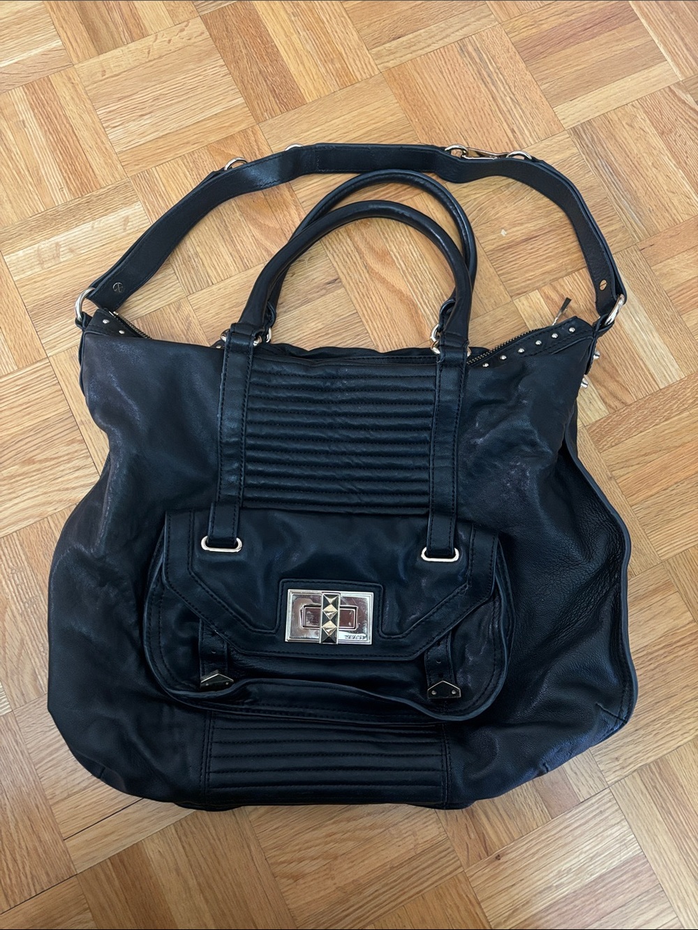 Juicy Couture Black Quilted-Panel Shoulder Tote with Stud Accents